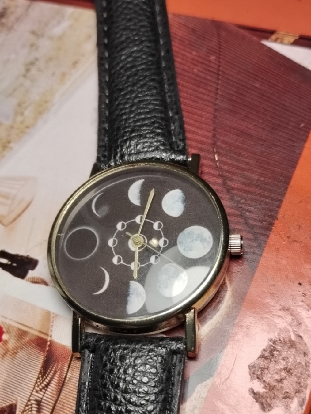 Eclipse Black and Gold Moon Phase Leather Strap Watch